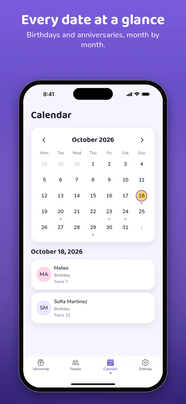 Calendar: every date at a glance
