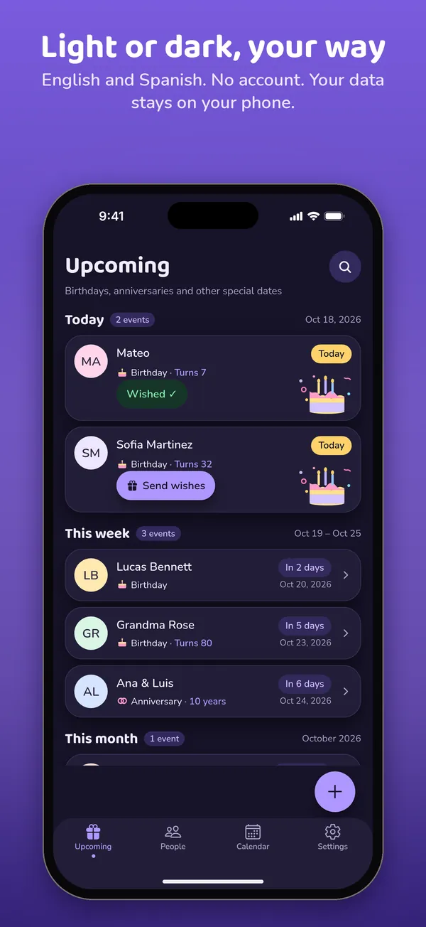 Dark mode, in English and Spanish