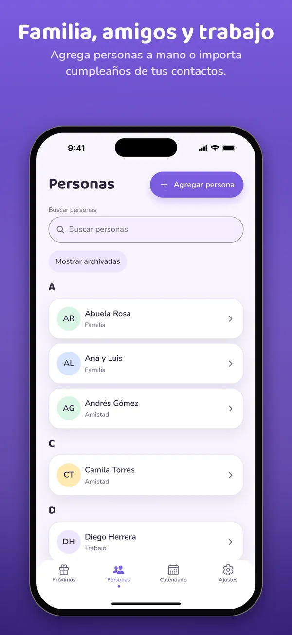 Personas: familia, amigos y trabajo
