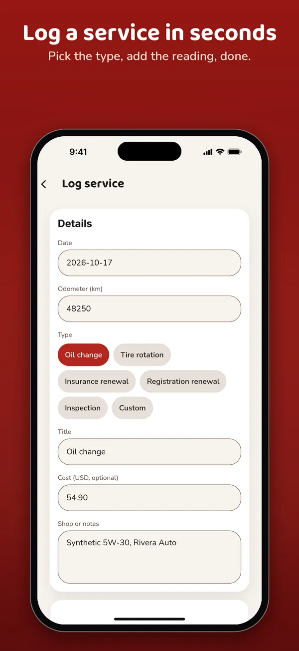 Log a service in seconds