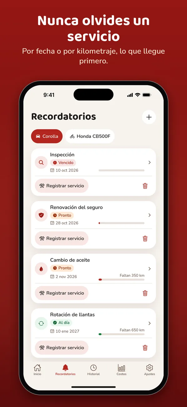Recordatorios: nunca olvides un servicio
