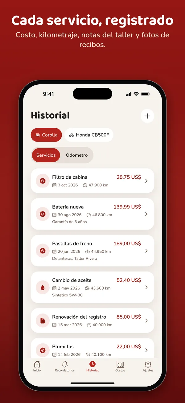 Historial: cada servicio, registrado